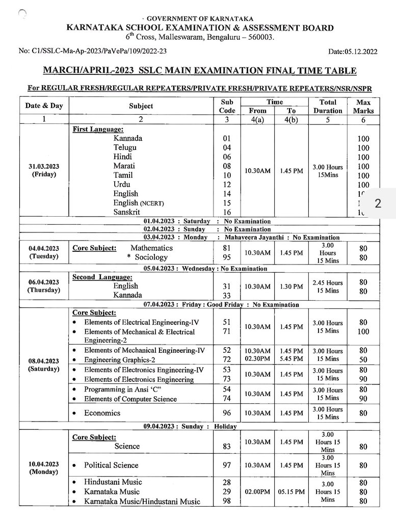 SSLC time table 2023 Karnataka 10th exam time table 2023 Karnataka
